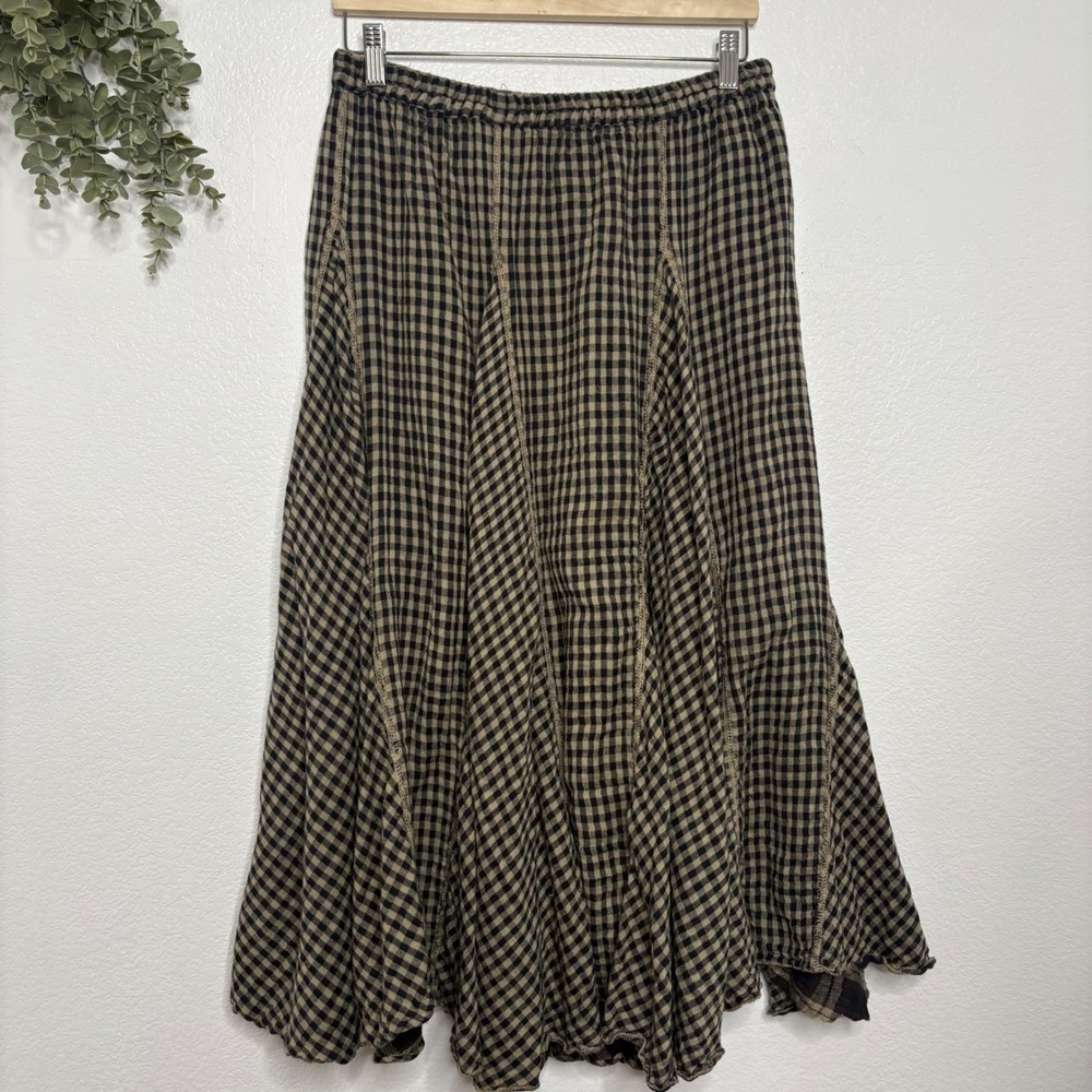 Reversible Gingham Plaid Maxi Skirt Black Tan Elastic Waist Boho - Picture 4 of 7